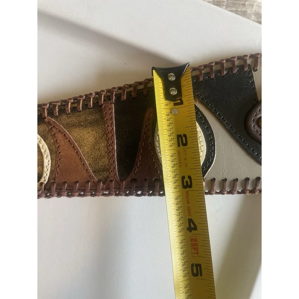 Vintage Hand Tooled Leather Inlay Belt Boho Western Whipstitch Brown Tan Medium